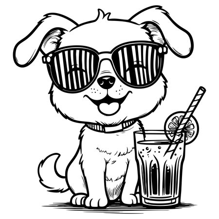 Cute dog wearing sunglasses sitting with juice drink smilingのイラスト素材