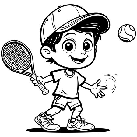 Cartoon boy holding racket and tennis ball ready to playのイラスト素材