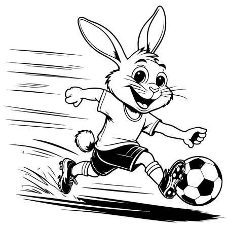 Cute bunny playing soccer with joy perfect for kids coloring pageのイラスト素材