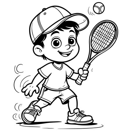 Happy boy with cap playing tennis holding racket and ballのイラスト素材