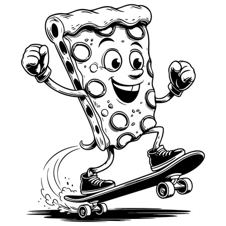 Cute pizza slice character rides skateboard with happy faceのイラスト素材