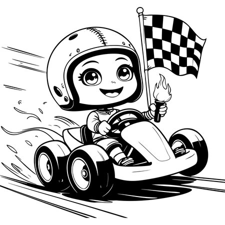 Happy girl racing in a go kart with flag and torch coloring pageのイラスト素材