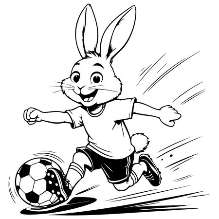Cute bunny rabbit runs and kicks soccer ball with big smileのイラスト素材