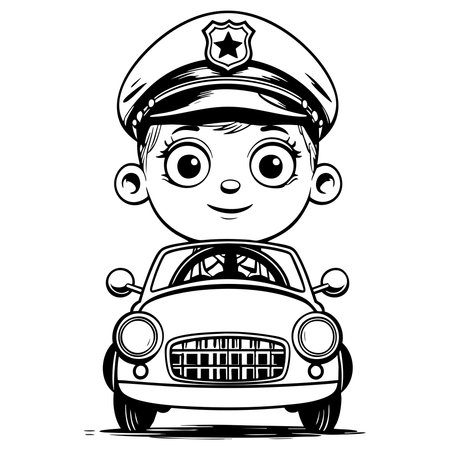 Coloring page of a cute police child driving small car perfect for kids learning activityのイラスト素材