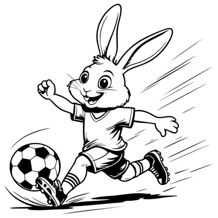 Cute rabbit running fast and kicking soccer ball in sport activity illustration for kidsのイラスト素材