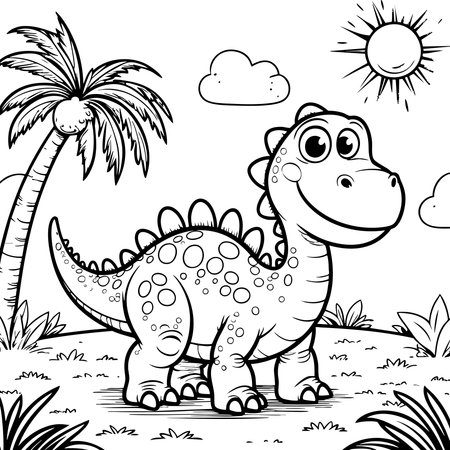 Cute dinosaur standing in nature smiling with palm tree sun and clouds coloring page activityのイラスト素材