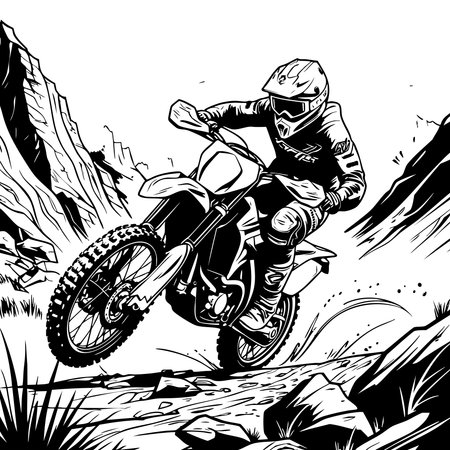 Motocross rider speeding dirt bike on rocky mountain trail in black and white drawingのイラスト素材