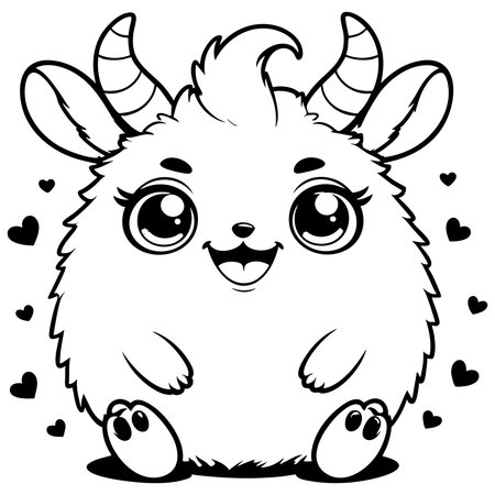 Round fluffy monster with horns and big eyes smiling happilyのイラスト素材