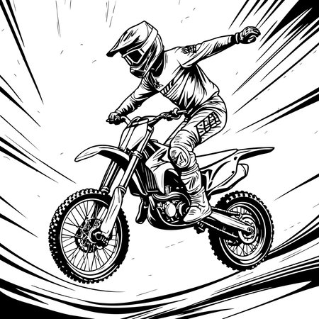 Motocross rider jumping dirt bike freestyle extreme stunt black and white illustrationのイラスト素材