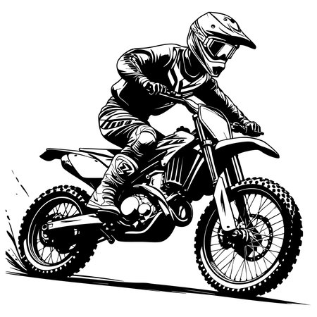 Black and white motocross illustration of dirt bike rider in fast motion with helmet and offroad actionのイラスト素材