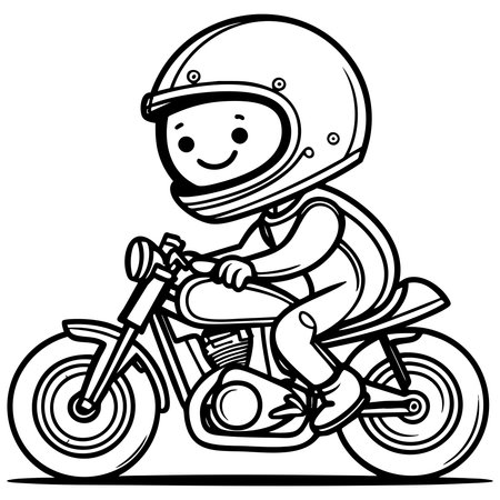 Cute child wearing helmet riding motorcycle in cartoon coloring page style illustrationのイラスト素材