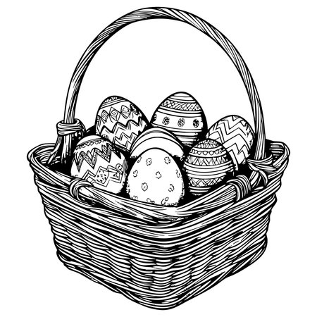 A wicker basket filled with decorated Easter eggs for holiday fun and coloring activitiesのイラスト素材