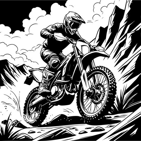 Motocross rider racing uphill on rocky mountain trail in extreme biking adventureのイラスト素材