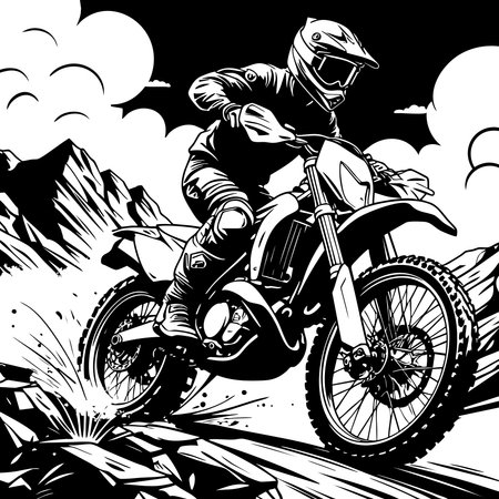 Rider performing motocross jump over rocky terrain in freestyle extreme actionのイラスト素材