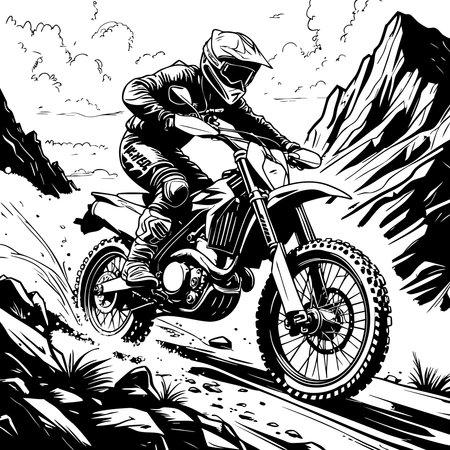 Motocross rider tackling rocky mountain trail with speed and power in adventure racing styleのイラスト素材