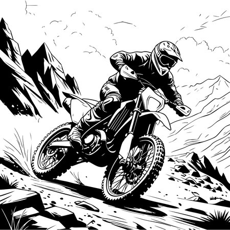 Rider speeding downhill on rocky offroad mountain path with motocross bikeのイラスト素材