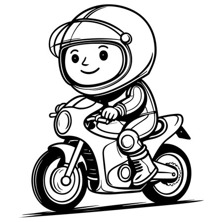 A child with helmet riding a sporty motorcycle line art style for kids coloring fun activitiesのイラスト素材