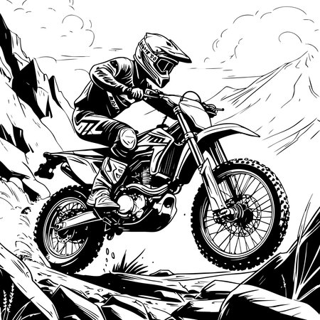Extreme motocross rider racing fast through rocky offroad mountain terrainのイラスト素材