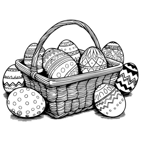 Fun Easter basket full of decorated eggs great for coloring activity for kids and adultsのイラスト素材
