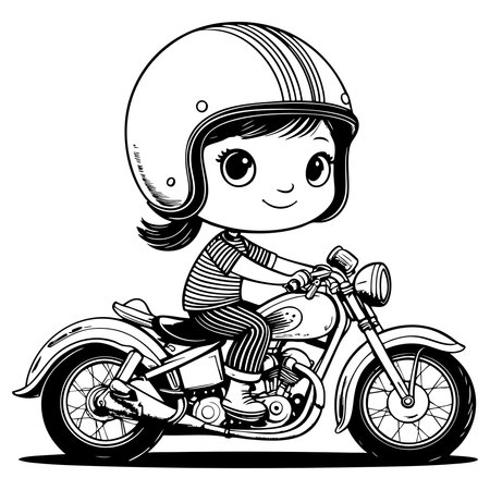 Smiling little girl riding a classic motorcycle wearing helmetのイラスト素材