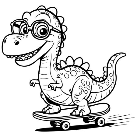 Cool cartoon dinosaur wearing glasses riding skateboard in funny style for coloringのイラスト素材
