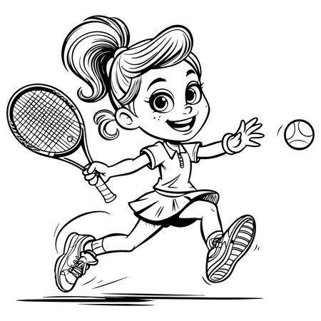 Happy girl with ponytail playing tennis with racket and ball in cartoon style coloring pageのイラスト素材
