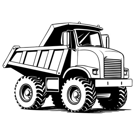 Black and white line drawing of a heavy dump truck construction vehicle for coloring or designのイラスト素材