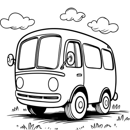 Cartoon style black and white line art of a small bus with clouds perfect for kids coloring or designのイラスト素材