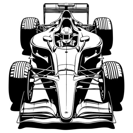 Black and white drawing of a formula 1 racing car with driver inside cockpitのイラスト素材