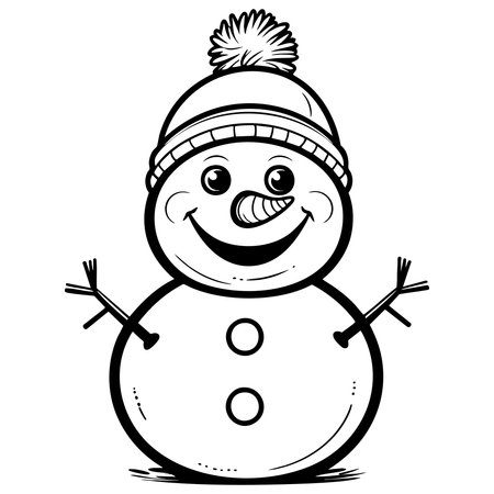 Cute illustration of a happy snowman wearing hat and carrot nose in black and white line art styleのイラスト素材