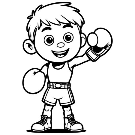 Cute boxer boy coloring page with gloves and smiling faceのイラスト素材