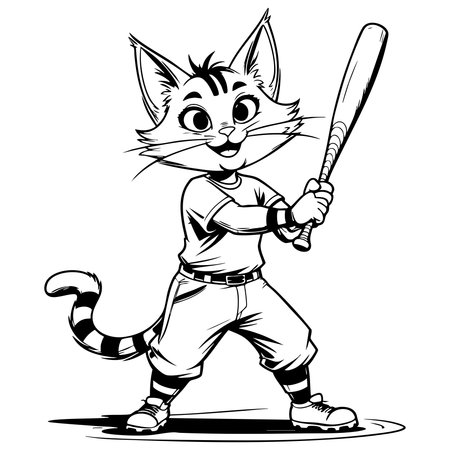 Cute cartoon cat in baseball uniform holding a bat ready to swing happily in the fieldのイラスト素材