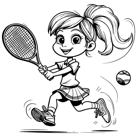 Smiling girl playing tennis coloring page with racket perfect for kids activity and funのイラスト素材