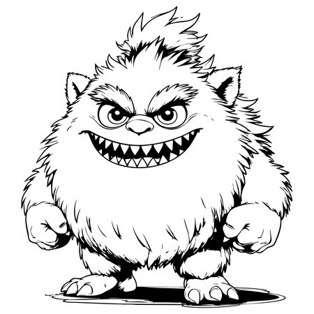 Cute but fierce furry monster with sharp teeth and wild hair ready to fightのイラスト素材