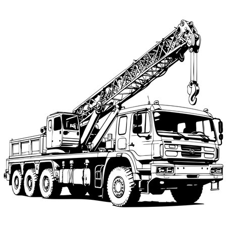 Detailed black and white drawing of a large crane truck used for lifting heavy loadsのイラスト素材