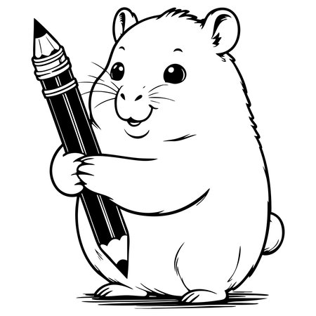 Adorable hamster holding big pencil with cute smile ready to draw happilyのイラスト素材