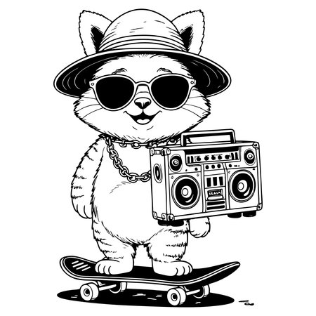 Cute cat wearing hat sunglasses chain holding boombox standing on skateboardのイラスト素材