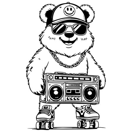 Funky bear on roller skates wearing cap and glasses holding boombox fun coloring pageのイラスト素材