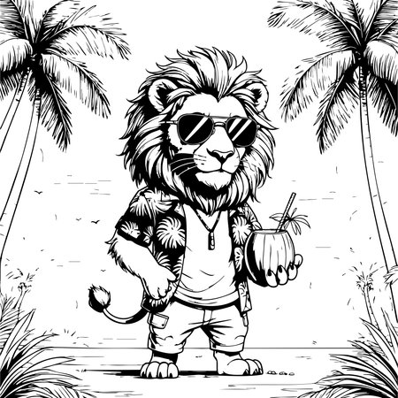 Lion in sunglasses and tropical shirt standing on beach holding coconut juiceのイラスト素材