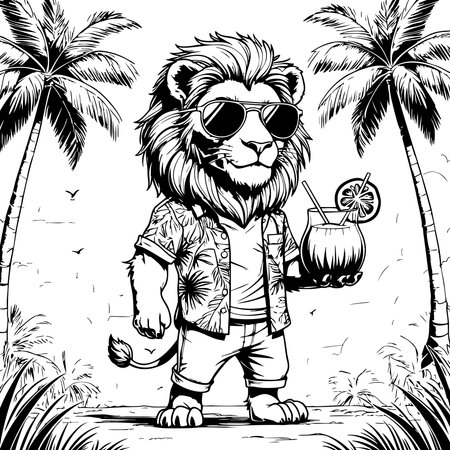 Stylish lion in hawaiian shirt sunglasses holding drink standing by palm trees coloring pageのイラスト素材
