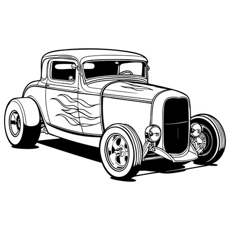 Detailed outline of a classic hot rod with flames great for coloring pages and retro art projectsのイラスト素材