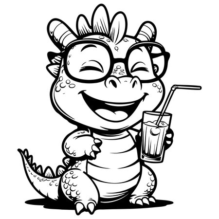 Adorable baby dragon wearing glasses happily drinking juice perfect for kids coloring pageのイラスト素材