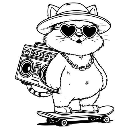 Adorable cool cat wearing hat and glasses holding boombox while skating happilyのイラスト素材