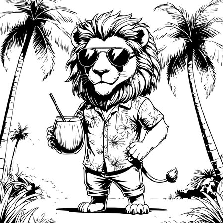 Cool lion wearing shirt and sunglasses holding coconut drink on tropical beach coloring pageのイラスト素材