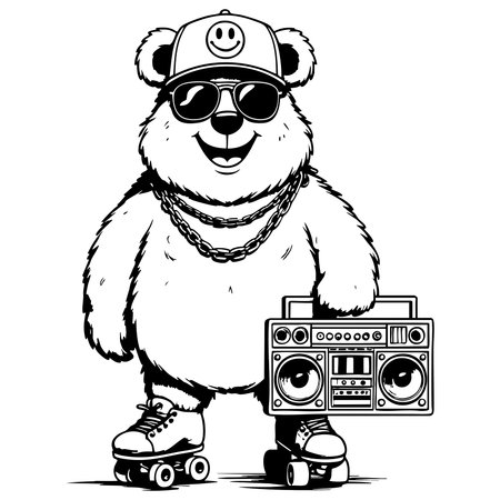 Smiling bear with glasses and chain holding boombox wearing roller skates coloring artのイラスト素材