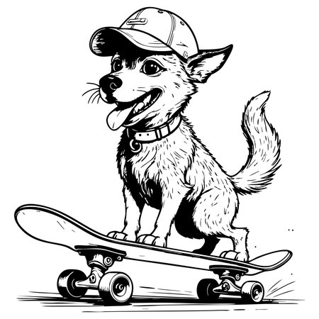 A cheerful dog on a skateboard wearing a cap and smiling joyfully as it ridesのイラスト素材
