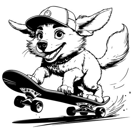 Happy puppy wearing a cap rides skateboard with energy and joy full of playful motionのイラスト素材