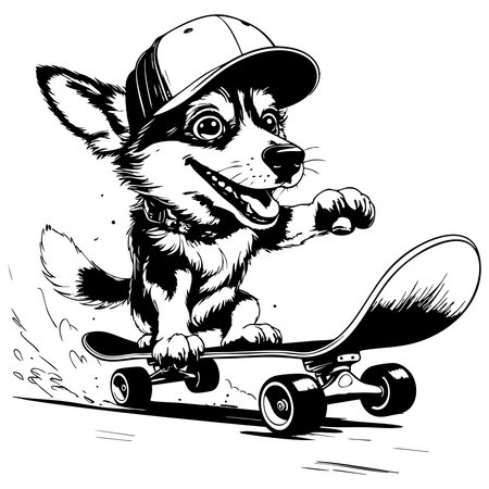 Excited puppy wearing a cap skating fast with a joyful and energetic expressionのイラスト素材