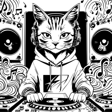 Stylish cat DJ spinning records with big speakers and flowing music vibesのイラスト素材