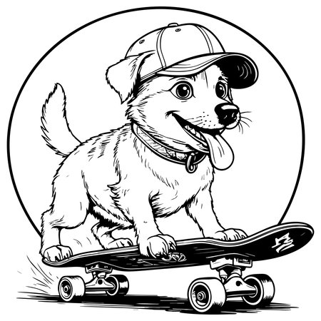 A happy puppy wearing a cap riding a skateboard full of joy and playful motionのイラスト素材